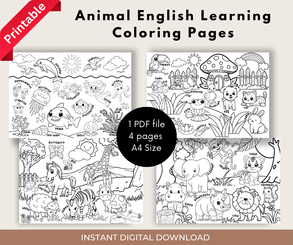 Animal English Learning Coloring Pages, Fun English Learning Coloring Pages And Activity, Preschool Printable Worksheet (1 PDF file)