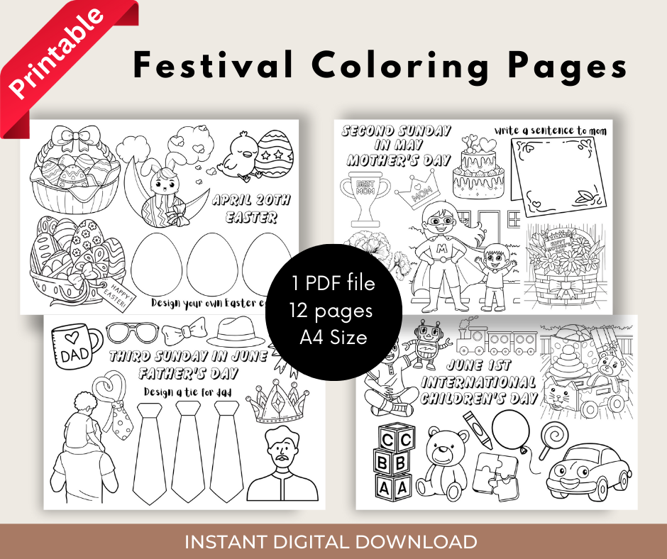 Festival Coloring Pages, Fun Festival Dates Coloring Pages And Activity, Printable Worksheet (1 PDF file)