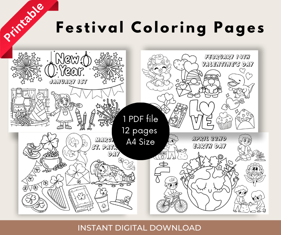 Festival Coloring Pages, Fun Festival Dates Coloring Pages And Activity, Printable Worksheet (1 PDF file)