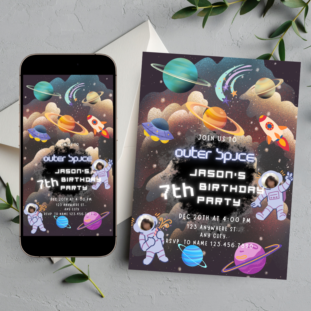 Outer Space Birthday Party Video Invitation With Audio, Birthday Party Welcome Sign And Favor Tags, Party Announcement, Editable Template