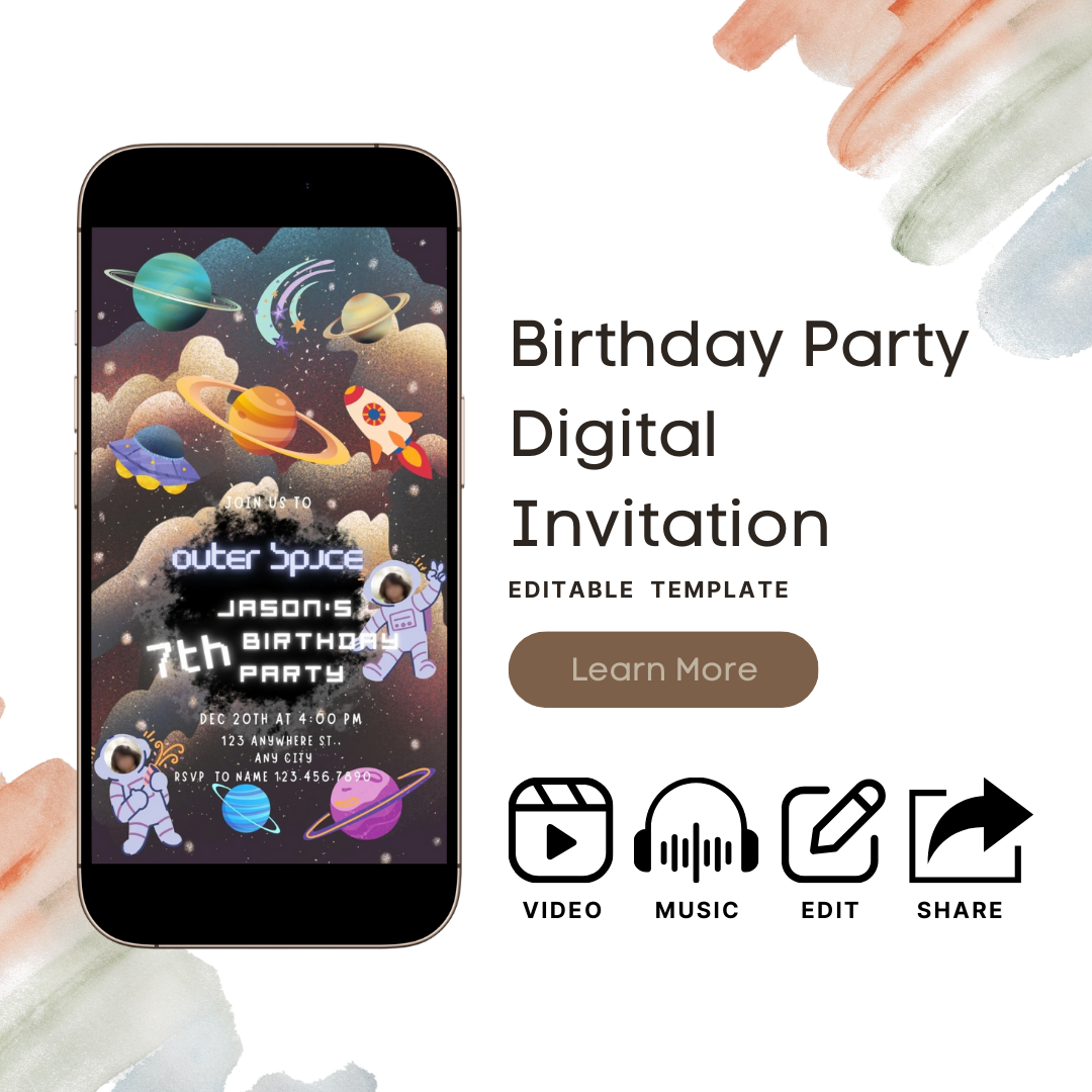 Outer Space Birthday Party Video Invitation With Audio, Birthday Party Welcome Sign And Favor Tags, Party Announcement, Editable Template