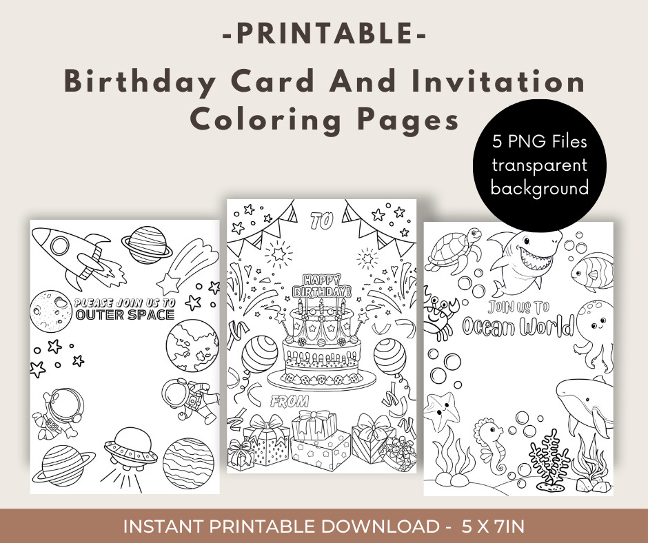 Happy Birthday Card And Birthday Party Invitation Coloring Pages, Fun Coloring Activity, Printable Worksheet 5"x7"(1 PDF & 5 PNG)