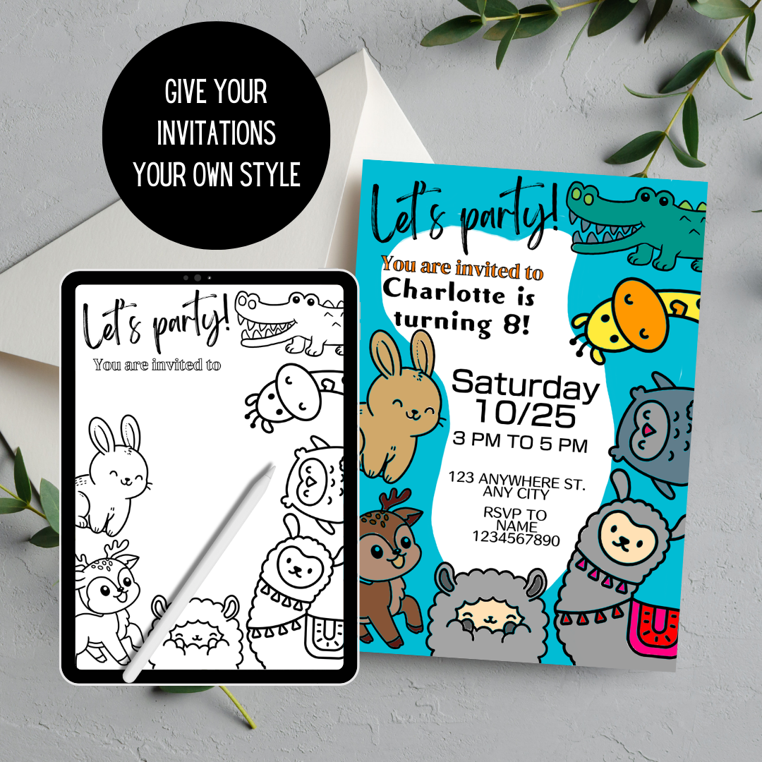 Happy Birthday Card And Birthday Party Invitation Coloring Pages, Fun Coloring Activity, Printable Worksheet 5"x7"(1 PDF & 5 PNG)