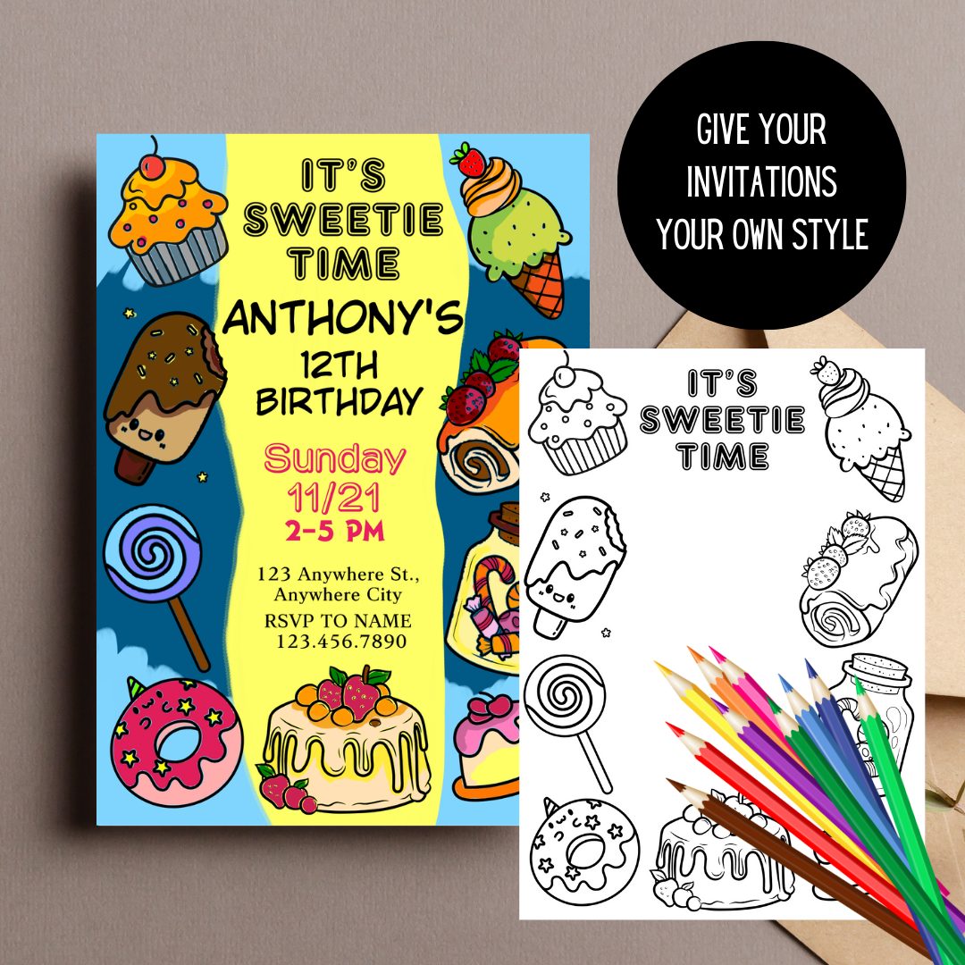 Happy Birthday Card And Birthday Party Invitation Coloring Pages, Fun Coloring Activity, Printable Worksheet 5"x7"(1 PDF & 5 PNG)