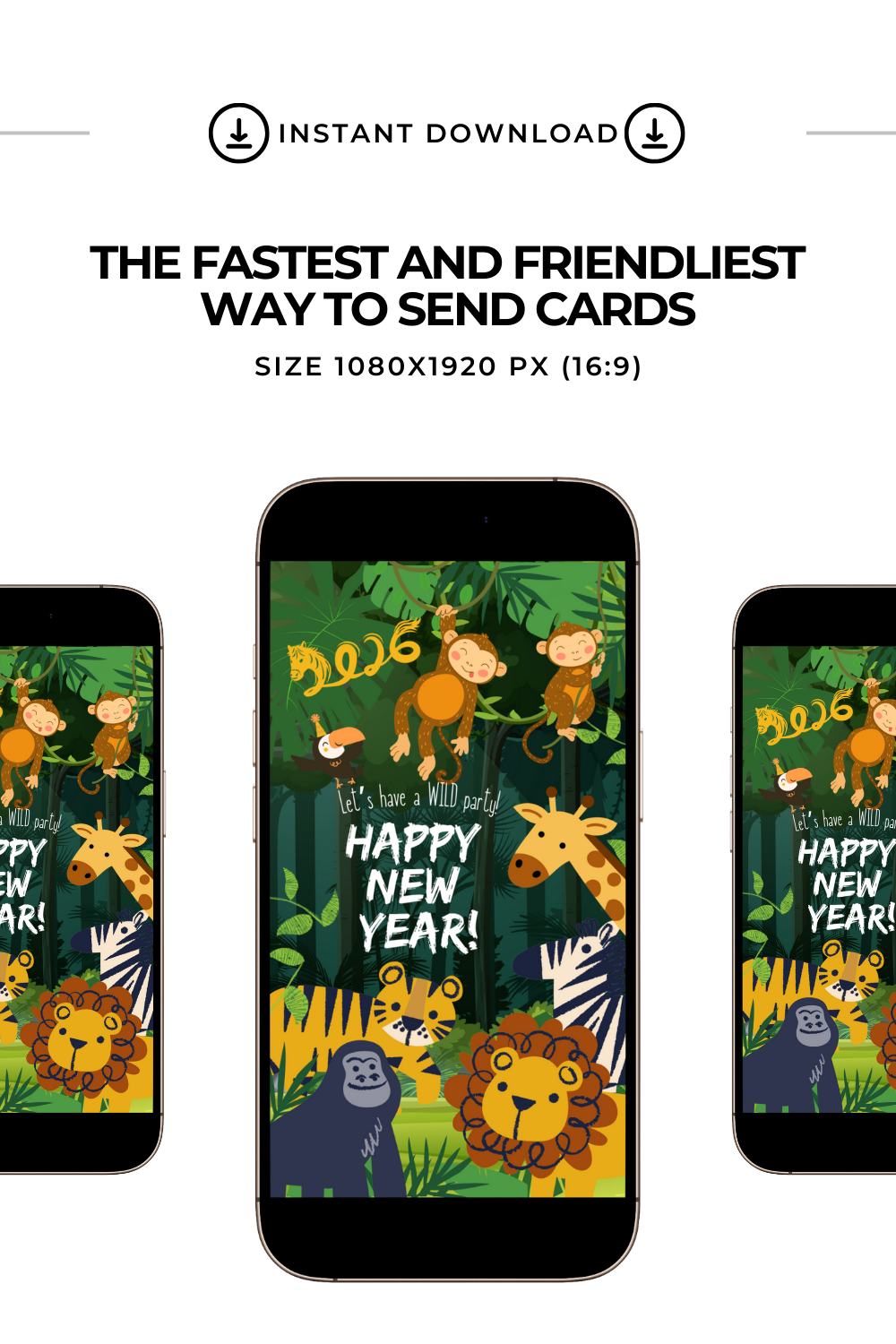 2026 Happy New Year Wild Party Video E-Card, Animated Happy New Year's Greeting Video Card With Audio, Animals In The Jungle (1 MP4 files)