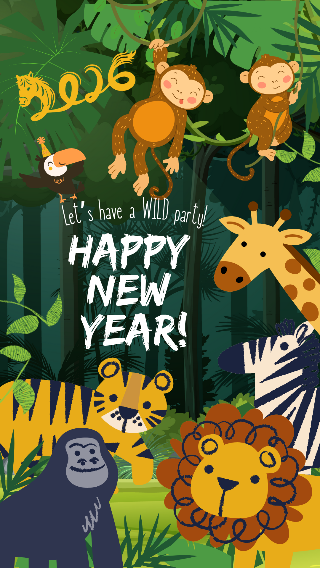 2026 Happy New Year Wild Party Video E-Card, Animated Happy New Year's Greeting Video Card With Audio, Animals In The Jungle (1 MP4 files)
