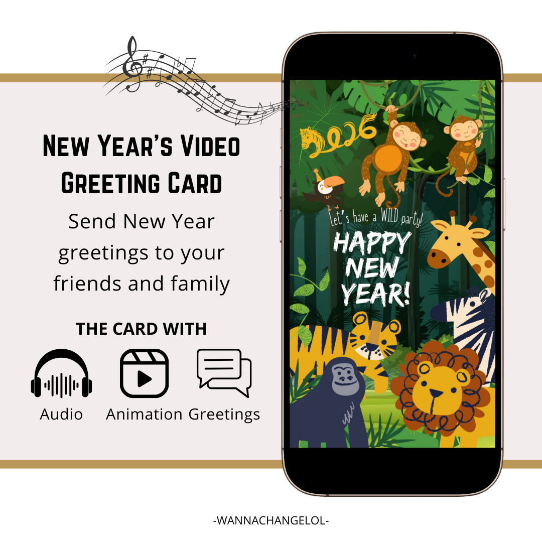 2026 Happy New Year Wild Party Video E-Card, Animated Happy New Year's Greeting Video Card With Audio, Animals In The Jungle (1 MP4 files)