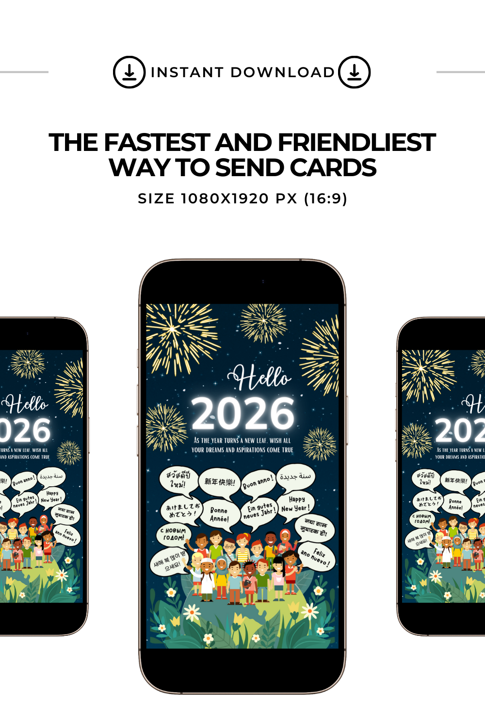 Hello 2026, Happy New Year In Multiple Languages Video E-Card, Animated Happy New Year's Greeting Video Card With Audio (1 MP4 files)