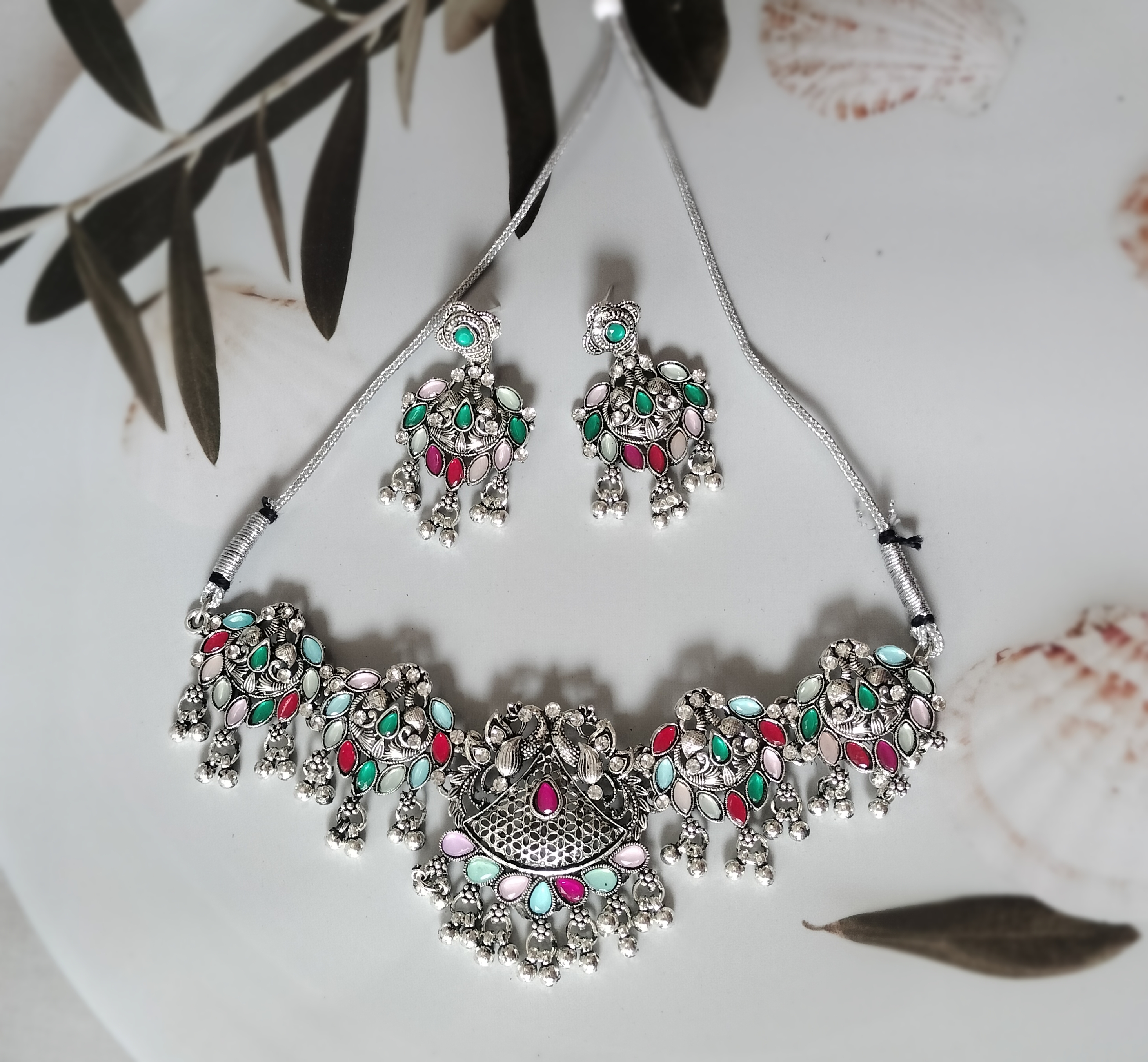 Traditional Silver oxidised multicolor Jewelry Set