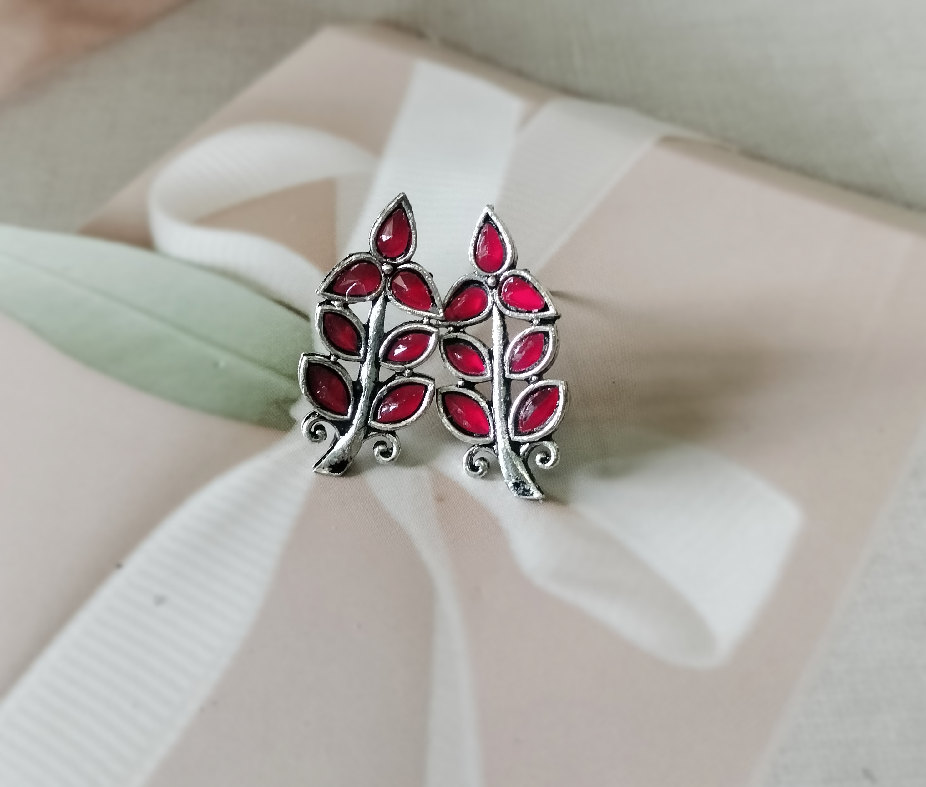 Red Gem Leaf oxidised Earrings