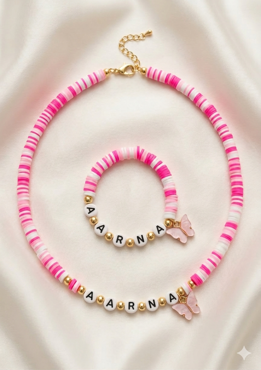 Personalized Pink Bead Necklace & Bracelet Set