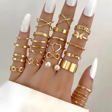 222 peças Retro Gold Geometric Twist Hollow Rings Set Para Acessórios De Joias Femininas