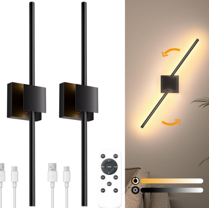 Wall Sconces Battery Operated with Remote Control, Wall Sconce with DIY Independently Rotatable Lamppost, Three Color and Brightness Adjustment, 28.3 Inch Wall Lights for Living Room, Bedroom