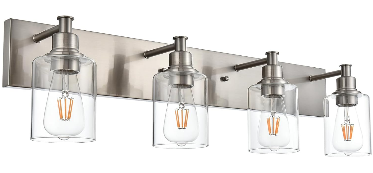 Bathroom Vanity Light Fixtures, 4-Lights Modern Brushed Nickel Wall Mounted Lamp with Clear Glass Shade for Bedroom Over Mirror