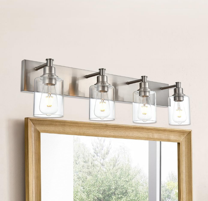 Bathroom Vanity Light Fixtures, 4-Lights Modern Brushed Nickel Wall Mounted Lamp with Clear Glass Shade for Bedroom Over Mirror