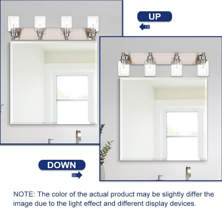 Bathroom Vanity Light Fixtures, 4-Lights Modern Brushed Nickel Wall Mounted Lamp with Clear Glass Shade for Bedroom Over Mirror