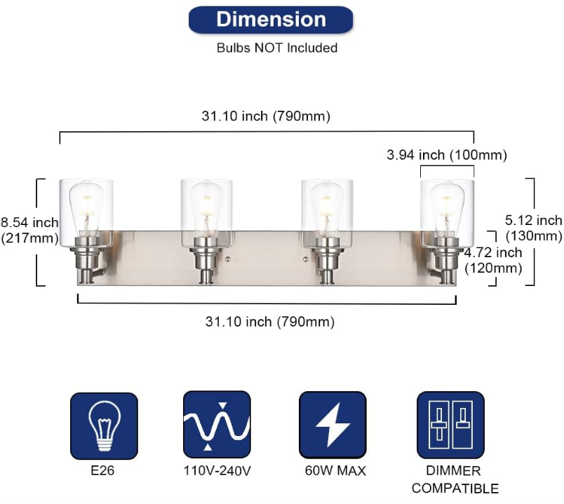 Bathroom Vanity Light Fixtures, 4-Lights Modern Brushed Nickel Wall Mounted Lamp with Clear Glass Shade for Bedroom Over Mirror
