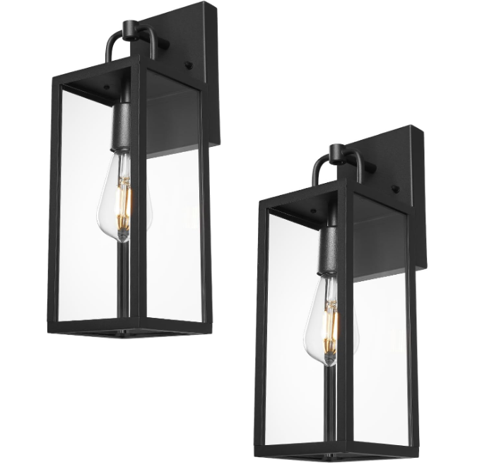 Outdoor Wall Sconce Lights, 16 Inch Tall Transitional Exterior Wall Light Fixtures with Clear Glass, Anti-Rust Modern Black Outside Wall Lanterns for House Front Porch Doorway Patio, 2 Pack