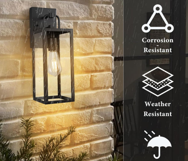 Outdoor Wall Sconce Lights, 16 Inch Tall Transitional Exterior Wall Light Fixtures with Clear Glass, Anti-Rust Modern Black Outside Wall Lanterns for House Front Porch Doorway Patio, 2 Pack