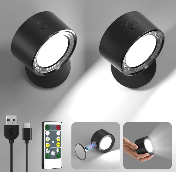  LED Wall Mounted Lights 2 Pcs with Remote, Wall Sconces Lamp 3000mAh Rechargeable Battery Operated, 3 Color Temperatures & Dimmable Magnetic 360° Rotation Cordless Light for Bedroom Bedside