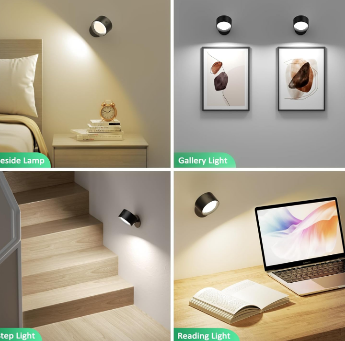  LED Wall Mounted Lights 2 Pcs with Remote, Wall Sconces Lamp 3000mAh Rechargeable Battery Operated, 3 Color Temperatures & Dimmable Magnetic 360° Rotation Cordless Light for Bedroom Bedside