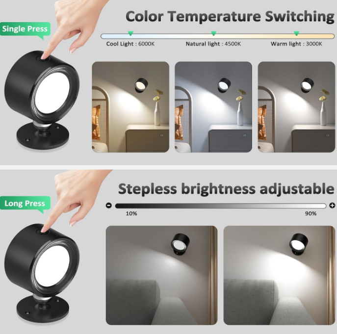  LED Wall Mounted Lights 2 Pcs with Remote, Wall Sconces Lamp 3000mAh Rechargeable Battery Operated, 3 Color Temperatures & Dimmable Magnetic 360° Rotation Cordless Light for Bedroom Bedside
