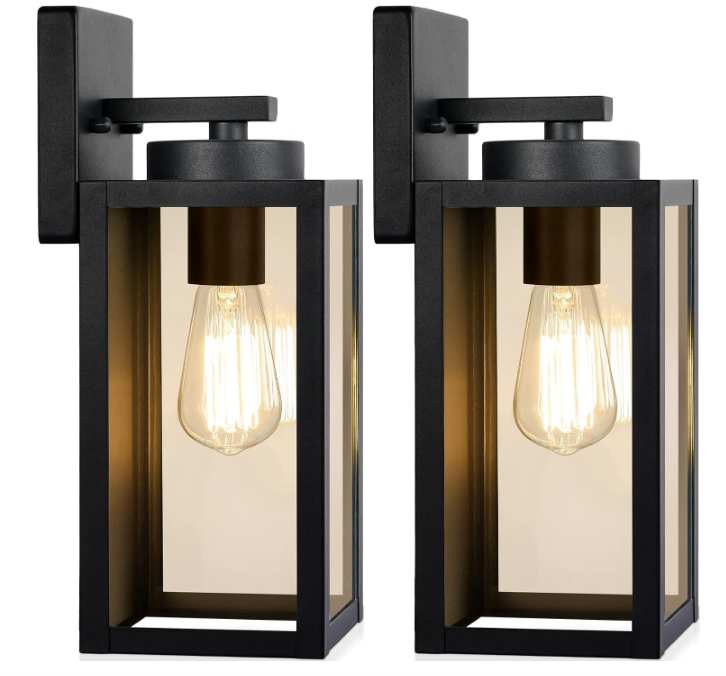 Outdoor Wall Light Fixtures, Exterior Waterproof Lanterns, Porch Sconces Wall Mounted Lighting with E26 Sockets & Glass Shades, Modern Matte Black Wall Lamps for Patio Front Door Entryway, 2-Pack