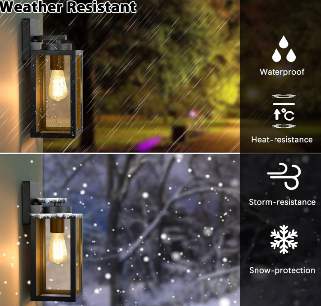 Outdoor Wall Light Fixtures, Exterior Waterproof Lanterns, Porch Sconces Wall Mounted Lighting with E26 Sockets & Glass Shades, Modern Matte Black Wall Lamps for Patio Front Door Entryway, 2-Pack
