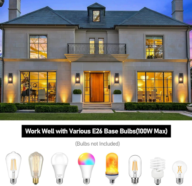 Outdoor Wall Light Fixtures, Exterior Waterproof Lanterns, Porch Sconces Wall Mounted Lighting with E26 Sockets & Glass Shades, Modern Matte Black Wall Lamps for Patio Front Door Entryway, 2-Pack