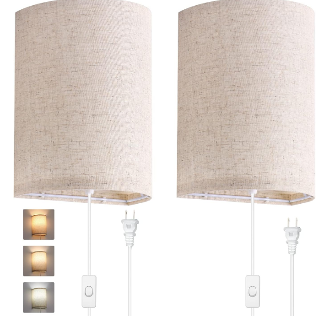 Wall Sconces Set of Two, Wall Lamp Plug in with On/Off Switch, 2700K 4000K 5000K Selectable, Wall Lights for Bedroom, Living Room, Wall Decor for Bedroom, Fabric Linen Lamp Shades