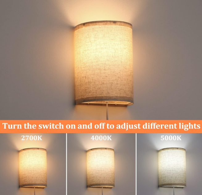 Wall Sconces Set of Two, Wall Lamp Plug in with On/Off Switch, 2700K 4000K 5000K Selectable, Wall Lights for Bedroom, Living Room, Wall Decor for Bedroom, Fabric Linen Lamp Shades