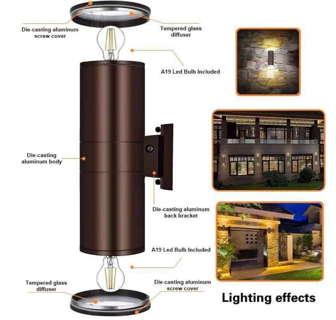 Outdoor Wall Lights Dusk to Dawn Exterior Lighting Fixtures Wall Mount - 2 Light Bulbs Included, Modern Sconces Wall Lighting- Up Down Exterior Outdoor Lights for Porch, Backyard and Patio