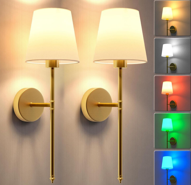 Wall Lights Battery Operated Wall Sconces Set of 2,Gold Wireless Wall Sconces with Remote,9 Colors Modes Rechargeable Wall lamp for Bedroom Living Room