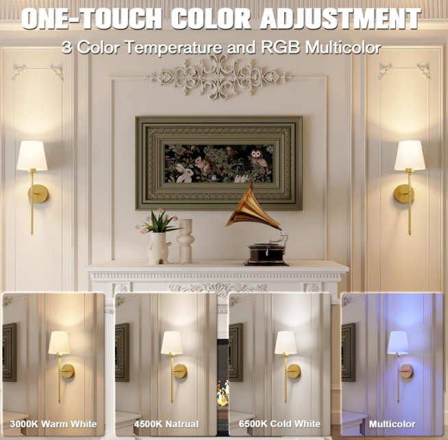 Wall Lights Battery Operated Wall Sconces Set of 2,Gold Wireless Wall Sconces with Remote,9 Colors Modes Rechargeable Wall lamp for Bedroom Living Room