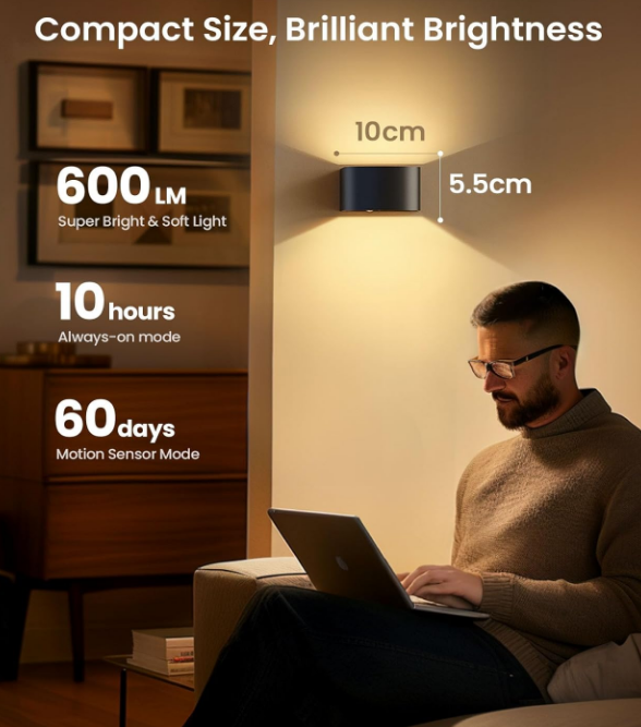 Motion Sensor Wall Light with Remote Control 3 Colors Wireless Wall Lamp LED Indoor Up and Down Wall Sconce 5000mAh Rechargeable Battery Powered Wall Lamps Brightness Adjustable, Black 2 Pack