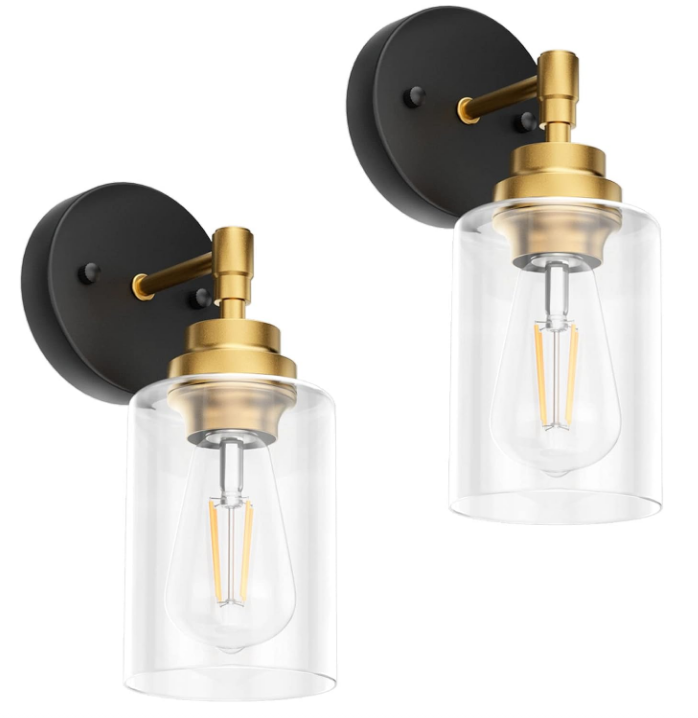 Wall Sconces Set of Two, Black & Gold 1 Light Wall Sconce, Modern Wall Light Fixtures, Farmhouse Wall Sconces with Clear Glass Shade, Wall Lights for Living Room, Bedroom, Stair, Bathroom, Hallway
