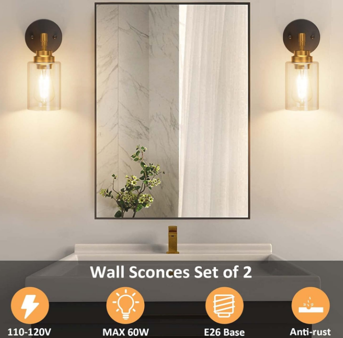 Wall Sconces Set of Two, Black & Gold 1 Light Wall Sconce, Modern Wall Light Fixtures, Farmhouse Wall Sconces with Clear Glass Shade, Wall Lights for Living Room, Bedroom, Stair, Bathroom, Hallway