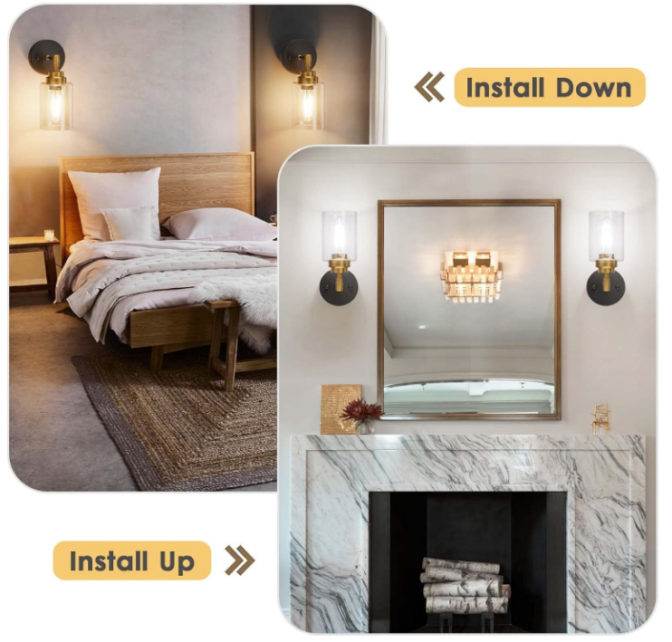 Wall Sconces Set of Two, Black & Gold 1 Light Wall Sconce, Modern Wall Light Fixtures, Farmhouse Wall Sconces with Clear Glass Shade, Wall Lights for Living Room, Bedroom, Stair, Bathroom, Hallway