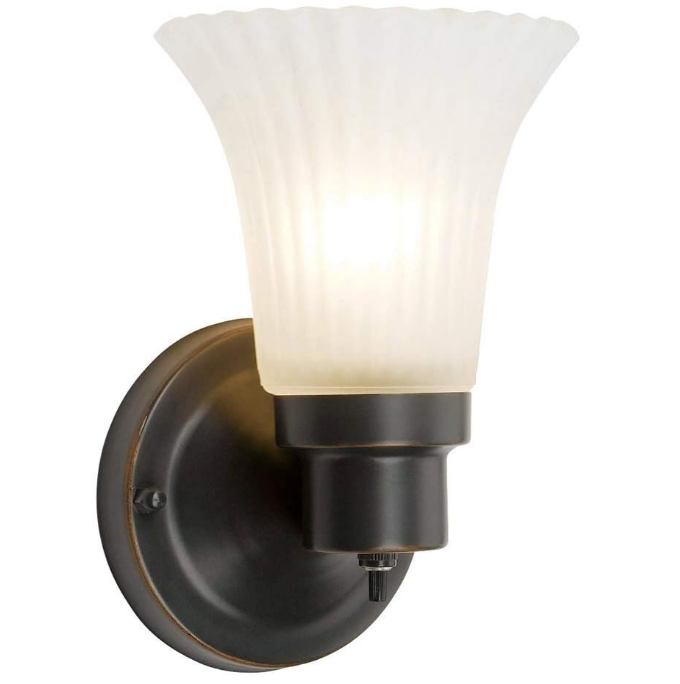 Village 1-Light Indoor Dimmable Wall Sconce Frosted Flute Glass with Twist On/Off Switch for Bathroom Bedroom Hallway, 8.25" H x 5.1" W, Oil-Rubbed Bronze