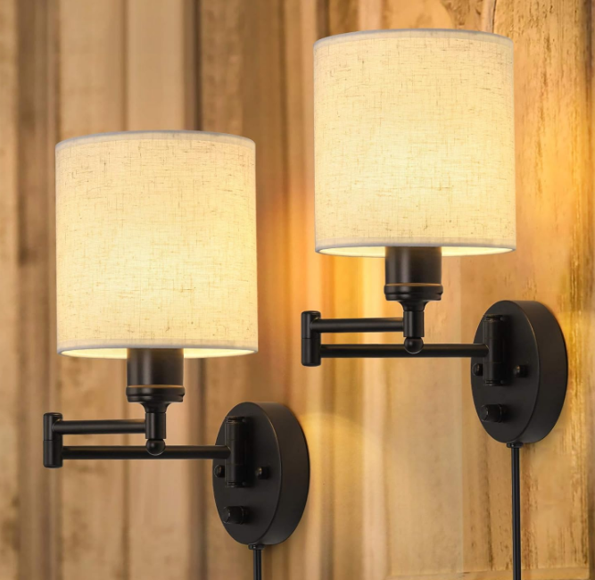 Plug in Wall Light Set of 2, Swing Arm Wall Lamps, Modern Bedroom Wall Sconce Fixtures with Linen Lampshade for Reading Hallway Living Room