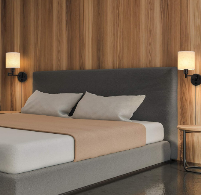 Plug in Wall Light Set of 2, Swing Arm Wall Lamps, Modern Bedroom Wall Sconce Fixtures with Linen Lampshade for Reading Hallway Living Room