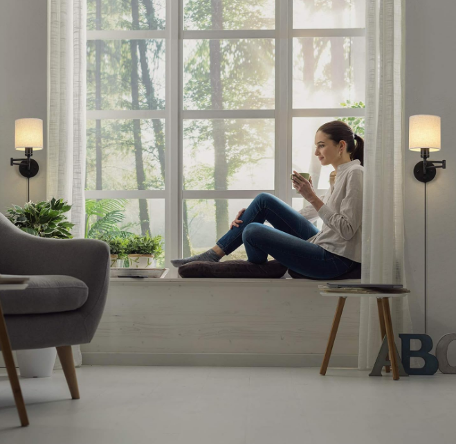 Plug in Wall Light Set of 2, Swing Arm Wall Lamps, Modern Bedroom Wall Sconce Fixtures with Linen Lampshade for Reading Hallway Living Room