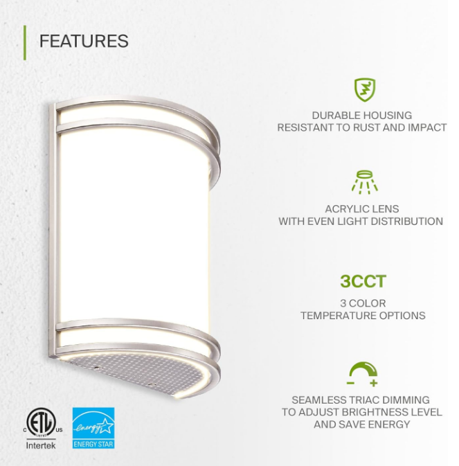LED Indoor Wall Mount Light Fixture - 10 Inch Modern Interior Brushed Nickel Wall Sconce Lighting - 3000K 4000K 5000K Adjustable - Half Cylinder Hallway Light Fixture - ETL & Energy Star