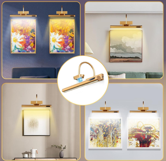 Dimmable Cordless Picture Light with Controller and Timer, Rechargeable 5000mAh Battery Wall Sconce for Wall Pictures, Gallery Artwork, Paintings, Portraits, Dartboards (Gold)