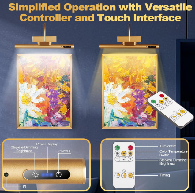 Dimmable Cordless Picture Light with Controller and Timer, Rechargeable 5000mAh Battery Wall Sconce for Wall Pictures, Gallery Artwork, Paintings, Portraits, Dartboards (Gold)