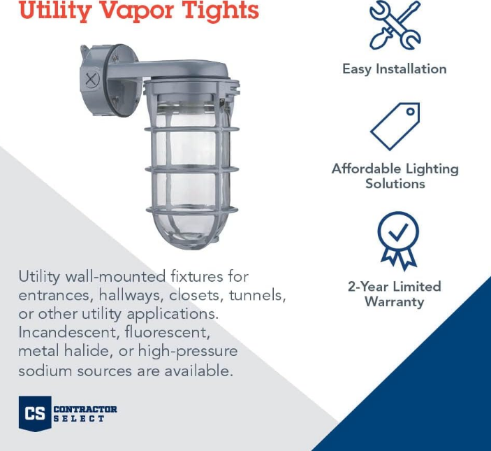  Incandescent Utility Vapor Tight Wall Lamp, Industrial Style Wall Light for Indoor and Outdoor Use, 150W, 120V, Includes Junction Box, Grey
