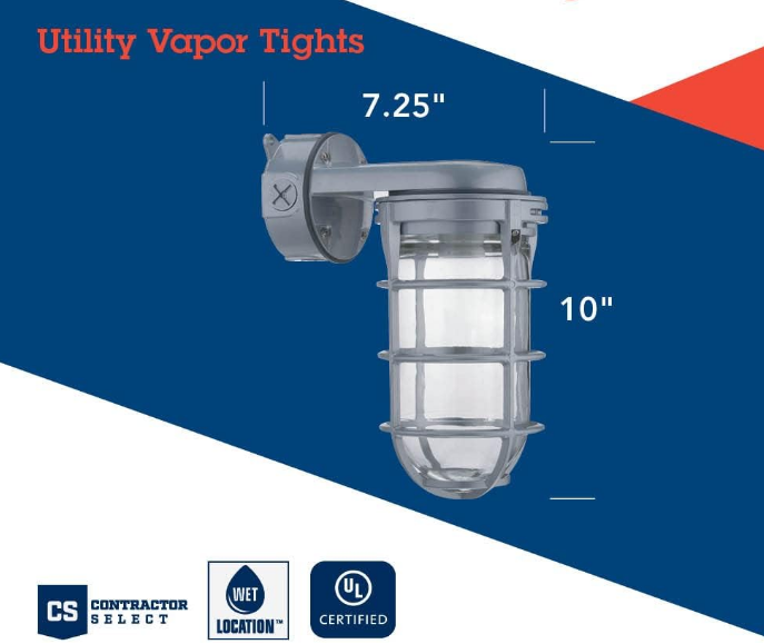 Incandescent Utility Vapor Tight Wall Lamp, Industrial Style Wall Light for Indoor and Outdoor Use, 150W, 120V, Includes Junction Box, Grey