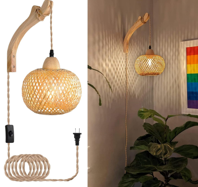 Frideko Bamboo Lantern Plug in Wall Sconces Wicker Wall Lamp with Plug in Cord Hand Woven Rattan Wall Light Farmhouse Rustic Wall Sconces Boho Sconces Wall Lighting for Living Room Bedroom