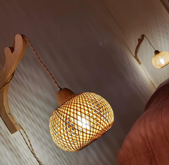 Frideko Bamboo Lantern Plug in Wall Sconces Wicker Wall Lamp with Plug in Cord Hand Woven Rattan Wall Light Farmhouse Rustic Wall Sconces Boho Sconces Wall Lighting for Living Room Bedroom