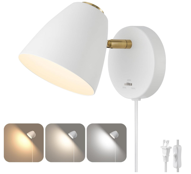 Modern Plug in Wall Sconces, White LED Wall Lamp, 3 Color Changeable Indoor Sconce Wall Lighting, Small Wall Mounted Reading Light, Plug in Wall Light as Kid Room, Living Room, Bedroom, Bedside